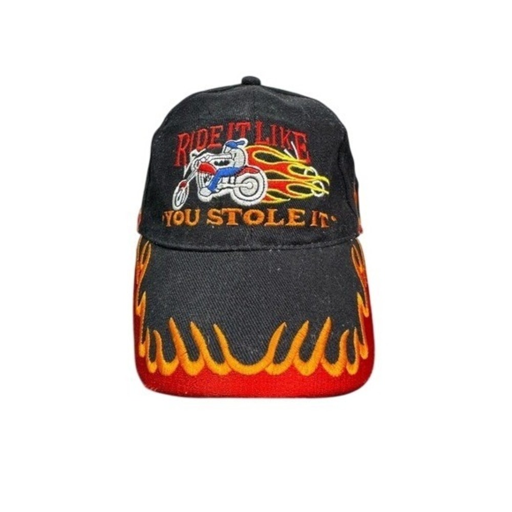 Ride It Like You Stole It Biker Hat Black Flame Embroidered Cotton Baseball Cap